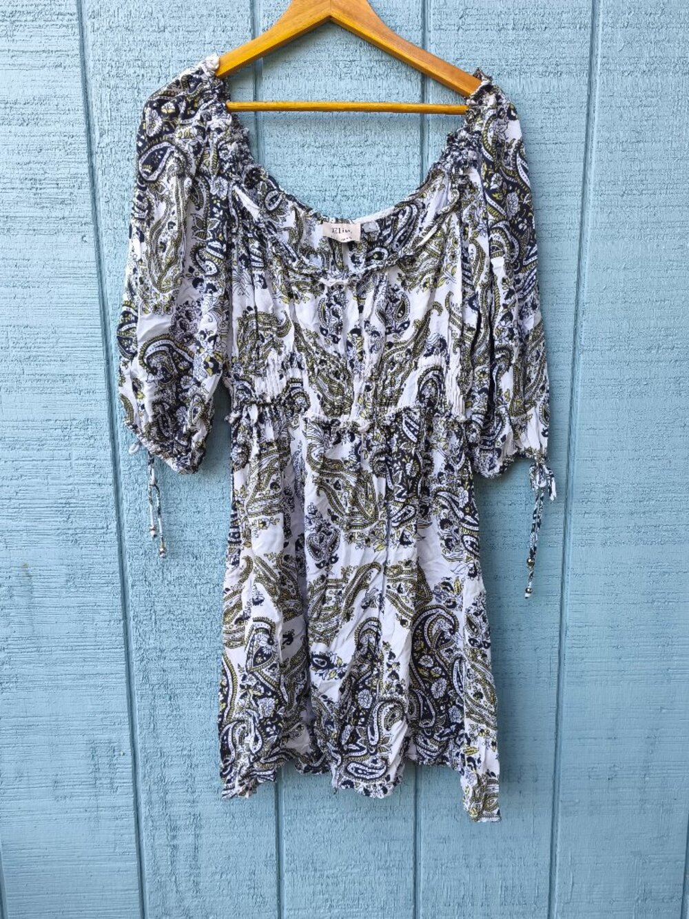 Elie. Elie Tahari Paisley Milkmaid Puff Sleeve Empire Dress sz M Black White
